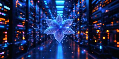 The primary subject of the image is a blue and white flower, which is the main object, scene, or focus of the image. The setting is a room with a blue background, and the visual style is digital art. The dominant colors are blue and white, creating a calm and serene atmosphere.
