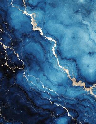 The primary subject of the image is a blue and gold marbled stone. The setting is a dark blue background, which contrasts with the gold and blue marbled stone. The visual style is a close-up of the marbled stone, showcasing its intricate patterns and colors. The dominant colors are blue and gold, creating a rich and luxurious atmosphere.