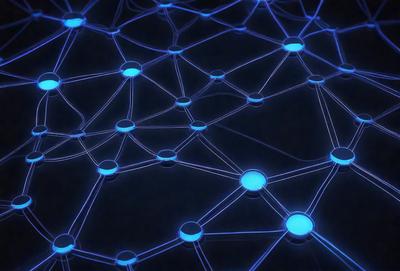 The primary subject of the image is a blue, glowing network of interconnected lines, which resembles a web or a mesh. The setting is a dark background, which contrasts with the bright blue lines. The visual style is a digital art or illustration, as the lines appear to be digitally created or manipulated. The colors and mood of the image are predominantly blue, creating a sense of depth and intricacy in the design.