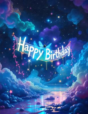 The primary subject of the image is a birthday banner with a butterfly design. The banner is hanging in a colorful, cloudy sky, which serves as the setting for the scene. The visual style of the image is digital art, as it appears to be a painting or drawing created using digital tools. The colors and mood of the image are vibrant and cheerful, with a focus on the birthday theme and the butterfly design.