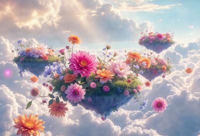 Primary subject: A floating island with a garden of flowers.

Setting/background: The island is floating in a cloudy sky, surrounded by a variety of flowers.

Visual style: The image is a digital artwork, featuring a vibrant and colorful scene.

Colors and mood: The scene is predominantly pink, with a lively and cheerful atmosphere.