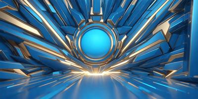 The primary subject of the image is a blue circle, which is the main object, scene, or focus of the image. The setting or background features a blue and gold pattern, which adds to the visual style of the image. The colors and mood of the image are predominantly blue and gold, creating a sense of depth and richness.