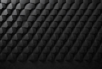 The primary subject of the image is a black wall with a pattern of geometric shapes. The setting is a dark room, and the visual style appears to be a digital art or illustration. The dominant colors are black and white, creating a stark and minimalist atmosphere.