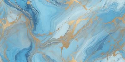 The primary subject of the image is a blue and gold marbled wallpaper. The setting is a room with a blue and gold marbled wallpapered wall. The visual style is a close-up of the wallpaper, showcasing its intricate design. The colors and mood of the image are predominantly blue and gold, creating a luxurious and elegant atmosphere.