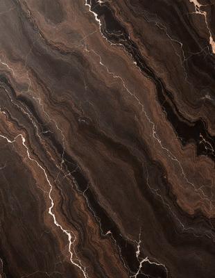 The primary subject of the image is a marble countertop with a unique and intricate pattern. The setting is a kitchen, and the visual style is a close-up of the marble countertop. The colors and mood of the image are predominantly brown and earthy, giving it a natural and elegant appearance.