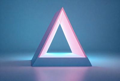 The primary subject of the image is a large, illuminated triangle. The triangle is pink, blue, and white, and it is placed on a blue surface. The visual style of the image is a digital art, and the colors and mood convey a sense of modernity and sophistication.