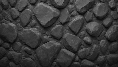 The primary subject of the image is a large rock wall, which is the main object, scene, or focus of the image. The setting/background consists of a dark, possibly black, surface, which adds to the overall atmosphere. The visual style of the image is a digital art or illustration, as it is a detailed and intricate representation of the rock wall. The colors and mood of the image are dark and moody, with the black surface and the large rocks creating a sense of depth and mystery.