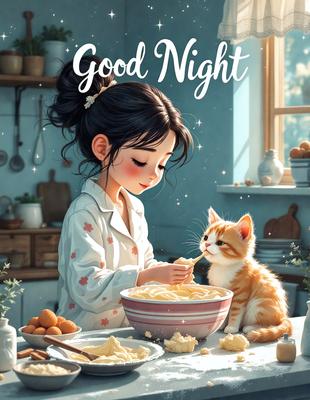 The primary subject of the image is a young girl feeding a cat. The girl is sitting at a dining table, and the cat is sitting on the table next to her. The setting is a cozy, indoor environment with a dining table and various kitchen items such as bowls, cups, and spoons. The visual style is a digital art or illustration, creating a warm and inviting atmosphere. The colors are predominantly warm and soft, with the girl's outfit and the cat's fur