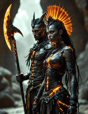 The primary subject of the image is a woman wearing a costume, standing next to a man. They are both holding weapons, with the woman holding a sword and the man holding a large, glowing staff. The setting appears to be a dark, possibly underground environment, with the woman and man standing in front of a rock wall. The visual style of the image is digital art, with the woman and man depicted in a stylized manner. The colors and mood of the image are dark and dramatic, with