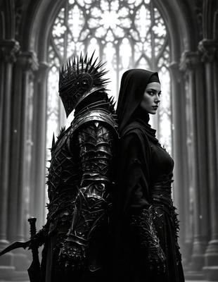 The primary subject of the image is a woman dressed in a black robe, standing next to a man wearing a metal suit. The setting is a church, with a stained glass window visible in the background. The visual style appears to be a combination of digital art and illustration, creating a dramatic and intriguing scene. The colors in the image are predominantly dark, with the woman's robe and the man's metal suit being the main focus. The overall atmosphere of the image is mysterious and capt