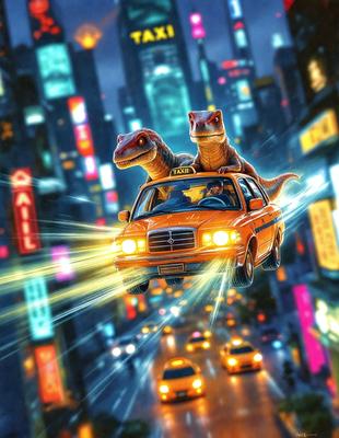 The primary subject of the image is a taxi cab with two dinosaurs riding in the back. The setting is a busy city street at night, with a lot of traffic and neon lights. The visual style is a digital art or illustration, giving the scene a vibrant and lively atmosphere. The dominant colors are yellow for the taxi and orange for the dinosaurs, creating a sense of excitement and energy.