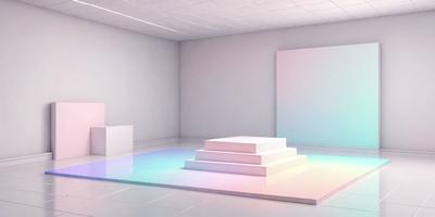 The primary subject of the image is a white pedestal with a white box on top of it. The setting is a white room with a white floor, and the visual style appears to be a digital art or illustration. The colors and mood of the image are predominantly white, giving it a clean and minimalist appearance.