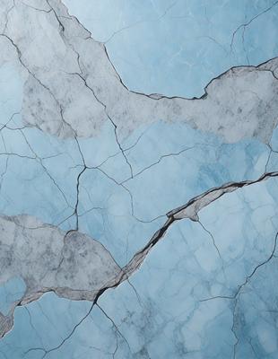 The primary subject of the image is a cracked blue surface, possibly a wall or a piece of art. The setting is indoors, with the cracked surface being the main focus of the image. The visual style appears to be a close-up of the cracked surface, possibly a photo or a digital art piece. The colors and mood of the image are predominantly blue, with the cracked surface creating a sense of depth and texture.