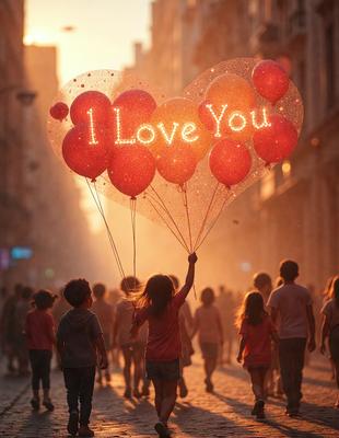 The primary subject of the image is a heart-shaped balloon with the words "I love you" written on it. The balloon is floating in the air, and it appears to be the center of attention for a group of people walking down the street. The setting is an urban environment, with buildings and people visible in the background. The visual style is a photo, capturing the moment as the people pass by the heart-shaped balloon. The colors and mood of the image are warm and joyful