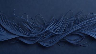 The primary subject of the image is a blue, curly, and wavy piece of yarn or string. The setting is a blue background, which creates a contrasting and visually appealing environment. The visual style of the image is a close-up of the yarn, showcasing its texture and details. The colors and mood of the image are predominantly blue, giving it a calm and serene atmosphere.