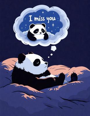 The image features a cute panda bear lying in bed, with a thought bubble above its head. The panda bear is surrounded by a cozy environment, and the scene is depicted in a whimsical and playful manner. The visual style is a combination of digital art and illustration, creating a charming and endearing image. The dominant colors are shades of pink and white, giving the scene a warm and comforting atmosphere.