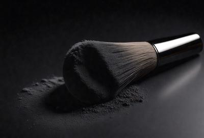 The primary subject of the image is a makeup brush, which is placed on a black surface. The brush is made of black and white materials, and it appears to be a powder brush. The setting is a dark room, and the visual style is a close-up of the brush. The colors and mood of the image are dark and moody, with the black background and the black and white brush creating a dramatic and intense atmosphere.