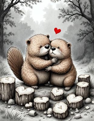 The image features two brown bears, one on the left and the other on the right, standing close to each other and hugging. They are surrounded by a forest setting, with trees in the background. The bears are depicted in a digital art style, giving the scene a warm and friendly atmosphere.