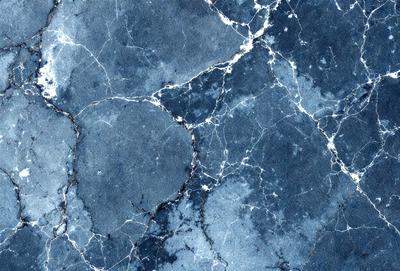The primary subject of the image is a blue and white marbled wall. The setting is a room with a blue and white marbled wall as the main focus. The visual style is a close-up of the marbled wall, showcasing its intricate patterns. The colors and mood of the image are predominantly blue and white, creating a calm and serene atmosphere.