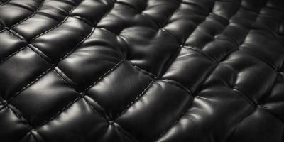 The primary subject of the image is a black leather couch with a black and white pattern. The setting is a room with a black background. The visual style is a close-up of the couch, showcasing its texture and pattern. The colors and mood of the image are predominantly black, giving it a sleek and modern appearance.