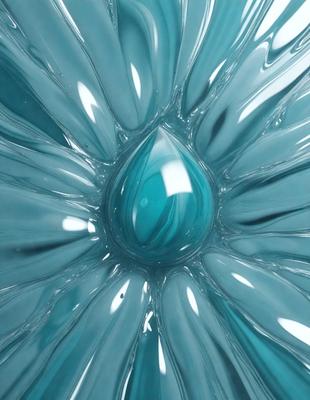 The primary subject of the image is a blue tear drop, which is the main object, scene, or focus of the image. The setting is a blue glass flower, and the visual style is a photo. The dominant colors are blue and green, creating a calm and serene atmosphere.