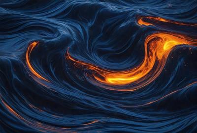 The primary subject of the image is a blue ocean with a swirling pattern of orange and yellow. The setting is the ocean, and the visual style appears to be a digital art or illustration. The dominant colors are blue, orange, and yellow, creating a vibrant and dynamic atmosphere.