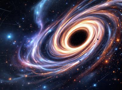 The primary subject of the image is a large, brightly colored, and intricately designed black hole. The setting is a space filled with stars, creating a vibrant and dynamic backdrop. The visual style of the image is a combination of photo and digital art, resulting in a striking and detailed representation of the black hole. The colors and mood of the image are predominantly dark and dramatic, with the black hole being the focal point and the stars in the background adding to the overall atmosphere.
