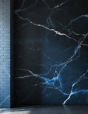 The primary subject of the image is a marble wall with a blue tint. The setting is a dark room, and the visual style is a close-up of the marble wall. The colors and mood of the image are predominantly dark and moody, with the blue tint adding a touch of coolness to the overall atmosphere.
