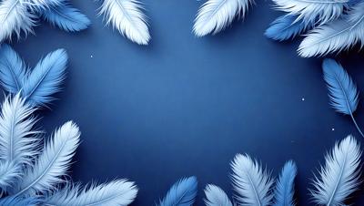 The primary subject of the image is a blue background with white feathers scattered across it. The feathers are arranged in a circular pattern, creating a visually appealing and artistic scene. The setting appears to be a studio or a controlled environment, as the feathers are carefully placed and the background is consistent. The visual style of the image is a combination of digital art and illustration, as the feathers are digitally rendered and the overall composition is well-planned. The colors and mood of the image are predominantly