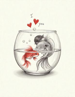 The primary subject of the image is a fishbowl filled with water and two fish. The fish are swimming around and interacting with each other. The setting is a glass bowl, and the visual style is a hand-drawn illustration. The colors and mood of the image are warm and inviting, with the fish and water creating a sense of tranquility and harmony.