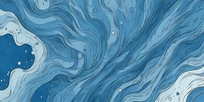 The primary subject of the image is a blue ocean with waves and bubbles. The setting is the ocean, and the visual style is a combination of digital art and illustration. The dominant colors are blue and white, creating a serene and calming atmosphere.