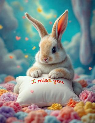 The primary subject of the image is a small white and brown rabbit sitting on a white pillow. The setting is a colorful and whimsical environment, with a cloudy sky and a field of flowers surrounding the rabbit. The visual style is a combination of photo and digital art, creating a unique and charming scene. The dominant colors are white, brown, and various shades of pink and purple, giving the image a warm and cheerful atmosphere.