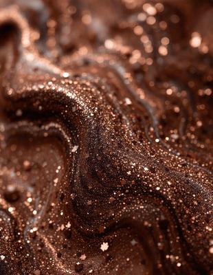 The primary subject of the image is a close-up of a brown, textured surface with a pattern of glittery, metallic specks. The setting appears to be a dark, moody environment, possibly a cave or a dark room. The visual style of the image is a close-up of the textured surface, which gives it a unique and intriguing appearance. The colors and mood of the image are dominated by the brown tones of the surface and the glittery, metallic specks