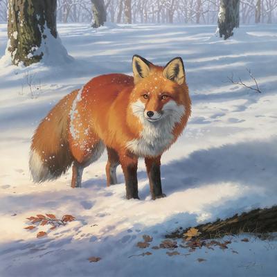 The primary subject of the image is a red fox standing in the snow. The setting is a snowy forest, with trees in the background. The visual style is an illustration, depicting the fox in a detailed and artistic manner. The colors and mood of the image are predominantly cold and wintry, with the red fox being the main focal point against the white snow.