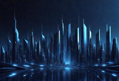 The primary subject of the image is a futuristic cityscape with tall buildings and a blue sky. The setting is a nighttime cityscape, with the buildings and sky illuminated by artificial lighting. The visual style is a digital art or illustration, creating a surreal and captivating atmosphere. The colors and mood are predominantly blue, giving the scene a sense of calmness and sophistication.