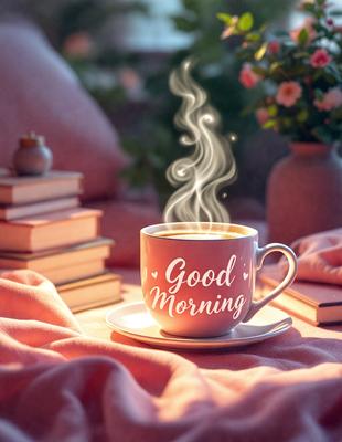 The primary subject of the image is a cup of coffee, which is placed on a table. The setting is a cozy environment with a bed and a pink blanket. The visual style is a photo, and the colors and mood are warm and inviting.