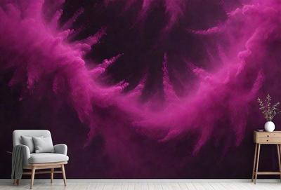 The primary subject of the image is a purple wall with a painting of a wave on it. The setting is a room with a chair placed in front of the wall. The visual style appears to be a painting or a digital artwork, creating a vibrant and dynamic atmosphere. The dominant colors are purple and pink, which contribute to the overall mood of the scene.