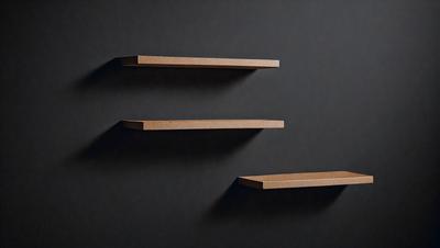 The primary subject of the image is a wooden bookshelf with three shelves. The setting is a dark room, and the visual style is a photo. The dominant colors are black and brown, creating a moody atmosphere.