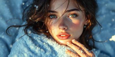 The primary subject of the image is a woman with long hair, who is posing for the camera. She is wearing a blue blanket and has a pink lipstick on her lips. The setting is a snowy environment, with snowflakes falling around her. The visual style of the image is a photo, and the colors and mood are predominantly blue and cold, with the snow adding a touch of whiteness to the scene.