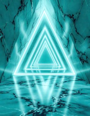 The primary subject of the image is a blue and white geometric pattern, which appears to be a lighted triangle. The setting is a marble-like surface, giving the impression of a futuristic or modern environment. The visual style is a combination of digital art and illustration, creating a unique and captivating design. The dominant colors are blue and white, with the blue providing a sense of calmness and the white adding a touch of elegance to the overall atmosphere.