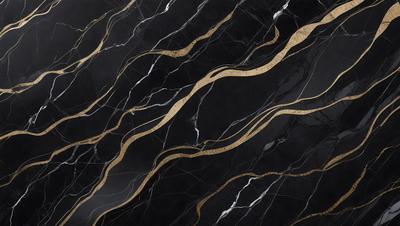The primary subject of the image is a black and gold marble wall. The setting is a dark room, and the visual style is a close-up of the marble wall. The dominant colors are black and gold, creating a luxurious and elegant atmosphere.