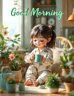 The image features a young girl sitting on a chair, holding a cup of coffee. She is surrounded by a variety of potted plants, creating a cozy and inviting atmosphere. The scene is set in a room with a window, and the visual style appears to be a combination of photo and digital art. The primary subject is the little girl, and the colors and mood are warm and comforting.
