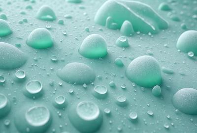 The primary subject of the image is a close-up of a blue surface, possibly a table or a wall, with numerous small green bubbles or droplets scattered across it. The setting appears to be an indoor environment, and the visual style is a close-up of the blue surface with the green bubbles. The colors and mood of the image are predominantly blue and green, creating a calm and soothing atmosphere.