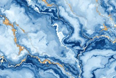The primary subject of the image is a blue and gold marble-like pattern. The setting is a blue and gold marble-like surface, which serves as the background. The visual style is a combination of a photo and digital art, creating a unique and intricate design. The colors and mood of the image are predominantly blue and gold, giving it a luxurious and elegant appearance.