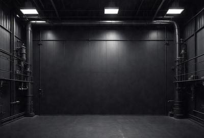 The primary subject of the image is a large, dark room with a black curtain. The setting is a black room with a curtain, and the visual style is a photo. The room has a dark and moody atmosphere, with the curtain covering the entire wall.
