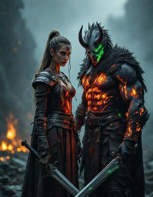 The primary subject of the image is a woman and a man dressed in medieval-style armor, standing together in a dark and ominous setting. The woman is wearing a long dress, while the man is wearing a suit of armor. The visual style of the image is a digital art or illustration, with a dominant color scheme of dark shades and reds. The overall atmosphere of the image is mysterious and intense, as the couple stands in front of a fire, possibly in a demonic or fantast