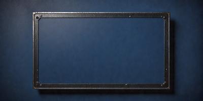 The primary subject of the image is a blue background with a metal frame. The setting is a dark room, and the visual style is a photo. The colors and mood of the image are dark and moody, with the blue background providing a contrasting element.