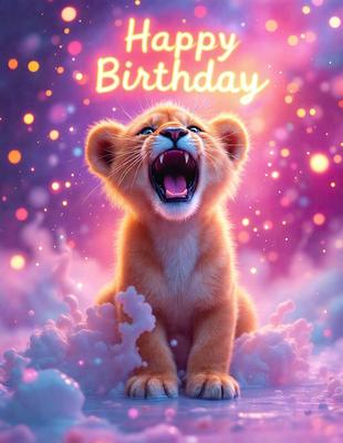 The primary subject of the image is a lion cub, which is the main focus of the scene. The lion cub is sitting on a cloud, which serves as the setting or background of the image. The visual style of the image is digital art, as it is a well-crafted illustration of the lion cub. The dominant colors in the image are pink and purple, creating a warm and inviting atmosphere.