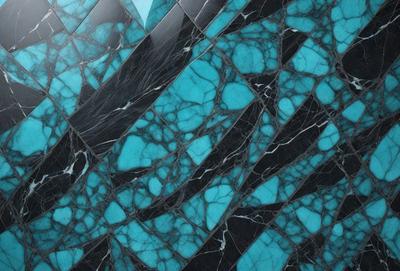 The primary subject of the image is a blue marble wall with a pattern of black and white. The setting is a room with a blue marble wall, and the visual style is a close-up of the marble wall. The dominant colors are blue and black, creating a modern and sophisticated atmosphere.