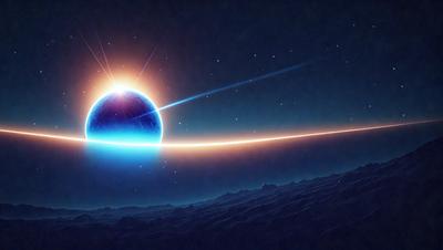 The primary subject of the image is a large, blue planet with a ring around it. The setting is a dark, starry sky, and the visual style appears to be a digital art or illustration. The colors and mood of the image are predominantly dark and mysterious, with the blue planet and ring standing out against the backdrop of the night sky.